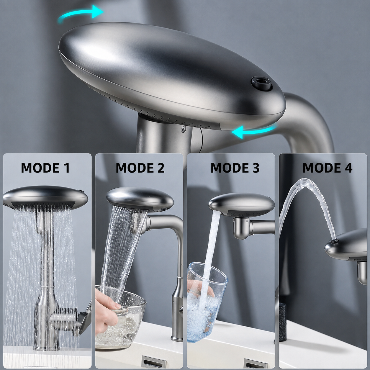 Grifo multifuncional para lavabo con efecto cascada: 4 modos en 1