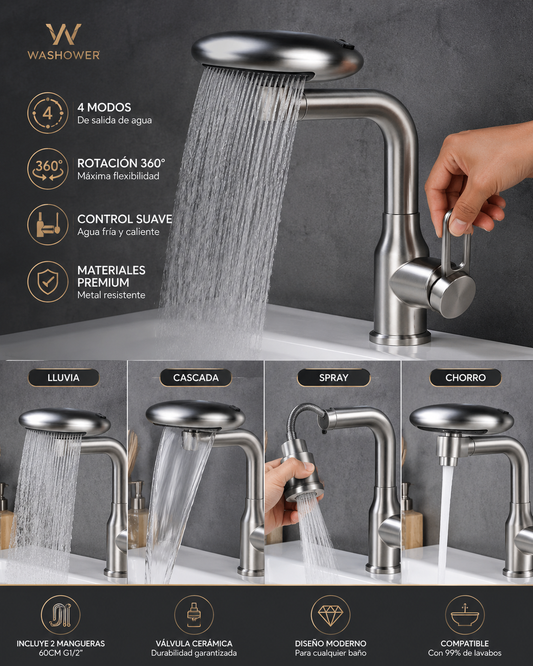 Grifo multifuncional para lavabo con efecto cascada: 4 modos en 1